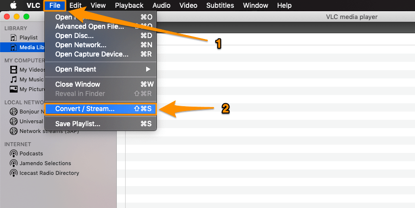 Open VLC, click the File menu and select Convert