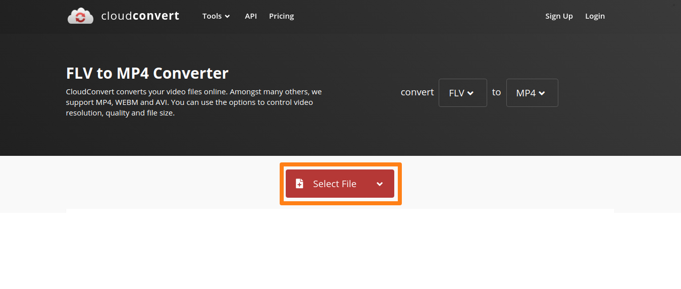 Launch cloudconvert flv to mp4 converter and click select file 1